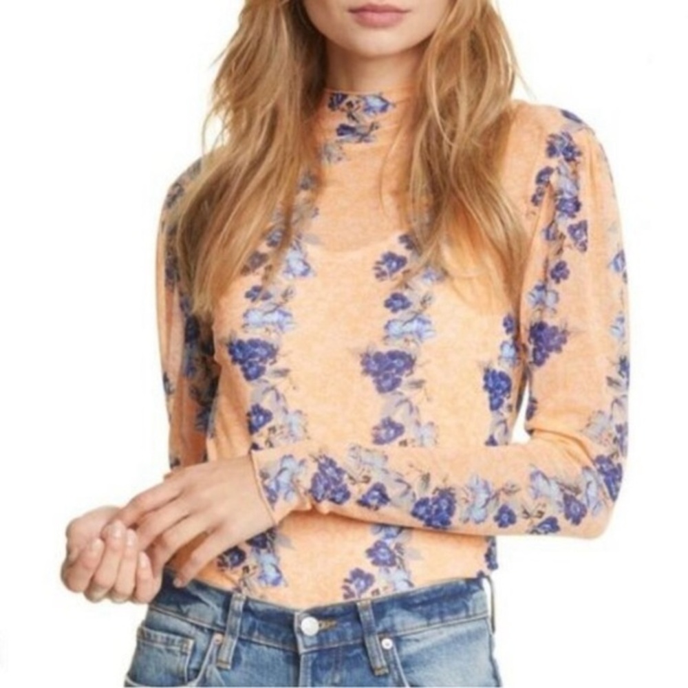 Free People Amber Sheer Floral Top in‎ Orange and Blue - S